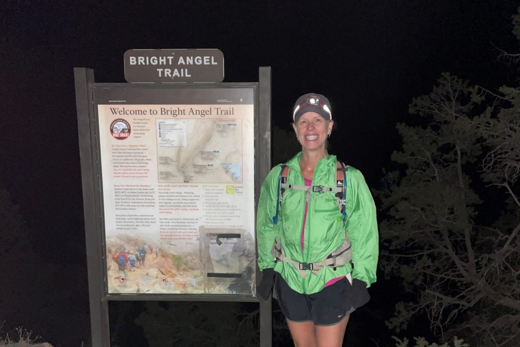 Kathie (Schaap '89) Hale started her Rim-to-Rim-to-Rim run at the Grand Canyon's South Rim at 2:30 a.m. Photo: Courtesy of Kathie (Schaap '89) Hale